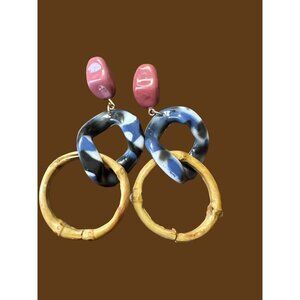 Long dangle earrings faux bamboo resin blue white purple 3.5"